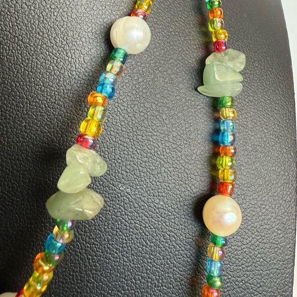 Multicolor and Pearl Boho Beachy Beaded Necklace with Green Accents - Picture 7 of 10